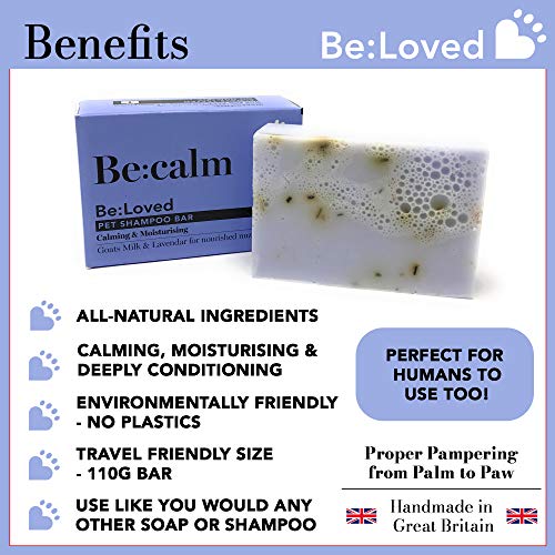 Be:calm Pet Champú Bar calmante e hidratante, ingredientes naturales de cabra leche y lavanda, hecho a mano en el Reino Unido, barra de 110 g