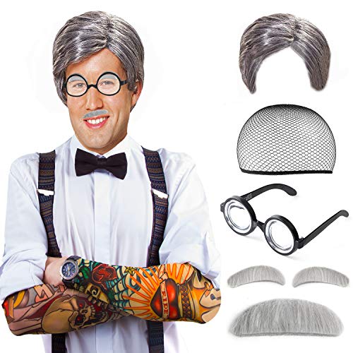 Beelittle Old Man Mad Scientist Set de Pelucas Albert Einstien Ben Benjamin Franklin Disfraz de Abuelo - Peluca, Cejas, Bigote, Gafas de Vestir (A)