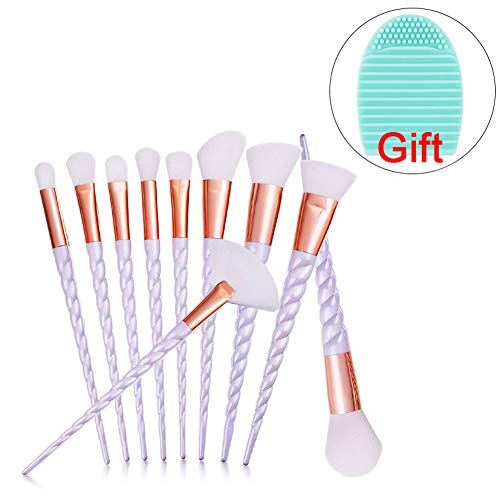 Beito 10 UNIDS Maquillaje Pro Juego De Cepillos Base Polvo Crema Blush Maquillaje Pinceles Con Espiral Mango Herramientas De Maquillaje De FantasíA Con Un Limpiador De Pinceles Gratis (PúRpura)