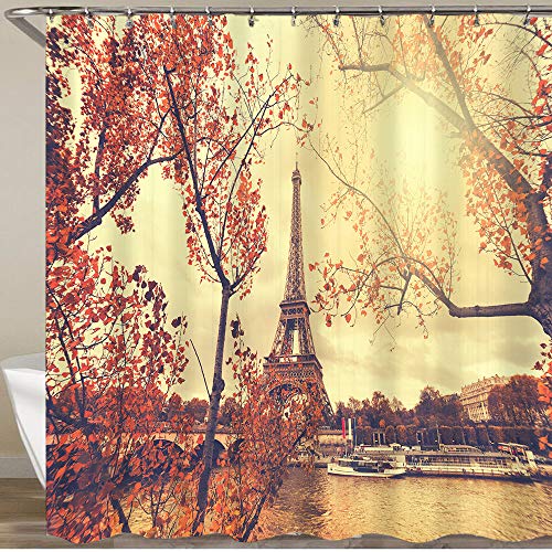 BEITUOLA La Cortina de Ducha más Nueva con Ganchos,La Torre Eiffel en Paris en Colores Pastel,Resistente al Agua Lavable Tela de poliéster con 12 Ganchos 180x180cm