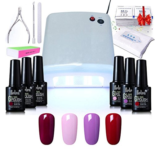 Belen Kit de manicura de gel, 4 colores, secado UV LED, esmalte de gel de 10 ml, lámpara UV de 36 W, juego de capa base y capa superior