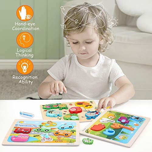 BelleStyle Puzzle Bebe, Puzzles de Madera Educativos para Bebé, Montessori Juguetes, Aprendizaje Temprano Educativo Bloque de Madera Rompecabezas de Juguete Niños 1 Año 2 3 4 5 Regalo - 3 Piezas