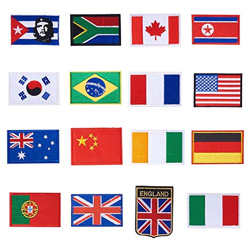 BENECREAT 16PCS Flag Theme Iron On Patches¨C Embroidered Patches Applique Motif Applique Kit Assorted Size Decoration Sew On Patches for Jackets, Backpacks, Jeans, Clothes