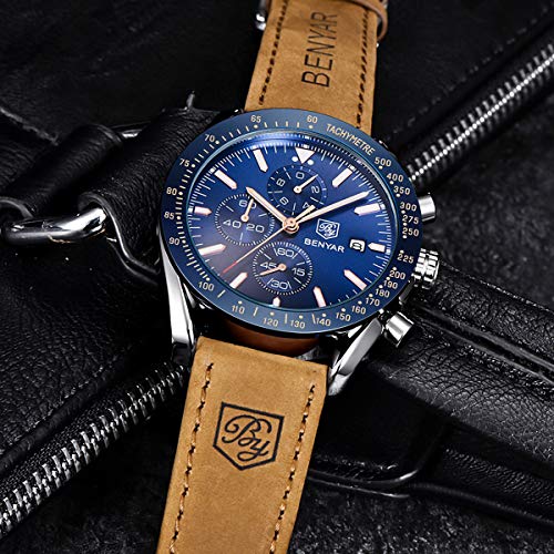 BENYAR Reloj cronógrafo para Hombre Movimiento de Cuarzo Correa de Cuero Fashion Business Sports Watch 30M Impermeable Elegante Regalo de los Hombres