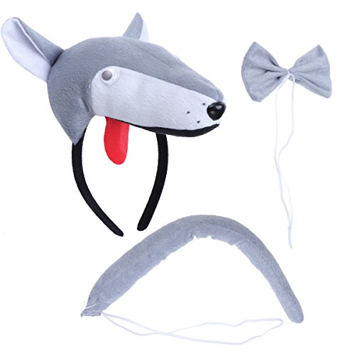 BESTOYARD Disfraz de Lobo para Niños Diadema Animal Conjunto de Orejas Animal Cola y Pajarita Traje de Costume para Halloween Fiesta 3 Piezas Lobo