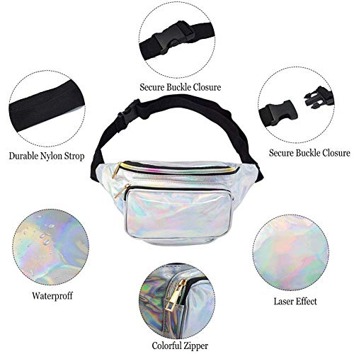 BETOY Riñonera Running Impermeable（Plata）Holograma Bolsa De Riñonera Cinturón Bolsa Cintura Paquete Deporte Deportiva Festival de Neón Glitter Brillante para Correr Fitness Senderismo Viajes Deportes