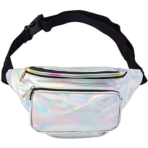 BETOY Riñonera Running Impermeable（Plata）Holograma Bolsa De Riñonera Cinturón Bolsa Cintura Paquete Deporte Deportiva Festival de Neón Glitter Brillante para Correr Fitness Senderismo Viajes Deportes