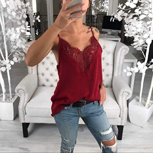 BHYDRY Chaleco de Encaje sin Mangas de Camisola de Mujer Camisas sin Mangas con Cuello en v Casuales Blusa