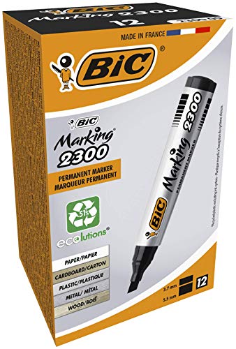 BIC Marking 2300 ECOlutions - Caja de 12 unidades, marcadores permanentes punta media biselada, color negro