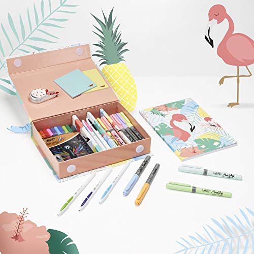 BIC My Stationery Box - 28 Instrumentos de Escritura, 10 Marcadores /6 bolígrafos /4 Subrayadores /1 Cinta Correctora /5 marcadores permanentes /2 Blocs de Notas Adhesivas y 1 Libreta A5 (Blanca)