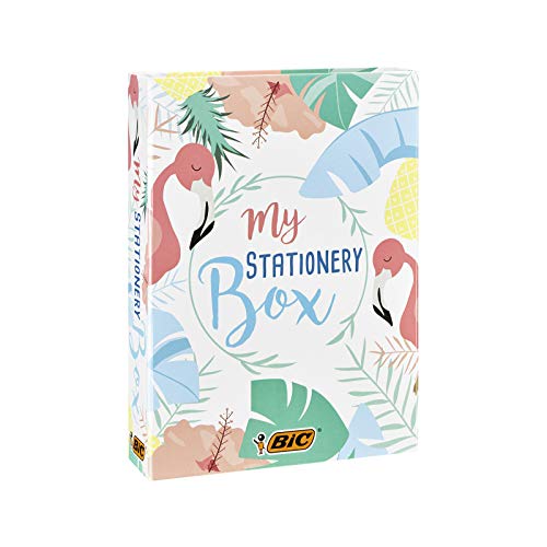BIC My Stationery Box - 28 Instrumentos de Escritura, 10 Marcadores /6 bolígrafos /4 Subrayadores /1 Cinta Correctora /5 marcadores permanentes /2 Blocs de Notas Adhesivas y 1 Libreta A5 (Blanca)