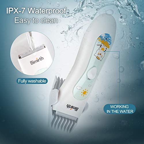 bimirth electrónico Baby Cortapelos, tranquila sin cordón Cortapelos Kit para niños, USB recargables Cortapelos con Safe Ceramic Blade, resistente al agua, 3 Protección peine