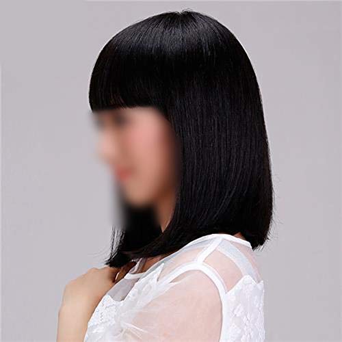 BIN--Hairpieces Postizos Fashian Ladies Hombro Cabello lacio con Flequillo Peluca Llena de Dulce Natural Real para Uso Diario y Fiesta (Color : Natural Black)