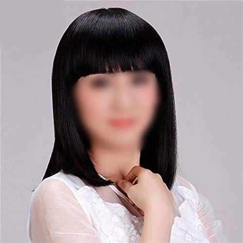 BIN--Hairpieces Postizos Fashian Ladies Hombro Cabello lacio con Flequillo Peluca Llena de Dulce Natural Real para Uso Diario y Fiesta (Color : Natural Black)