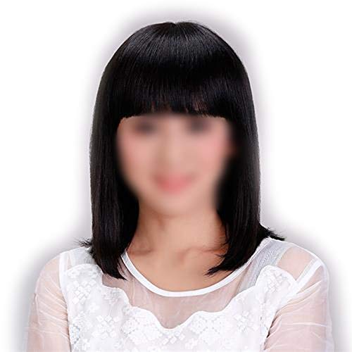 BIN--Hairpieces Postizos Fashian Ladies Hombro Cabello lacio con Flequillo Peluca Llena de Dulce Natural Real para Uso Diario y Fiesta (Color : Natural Black)