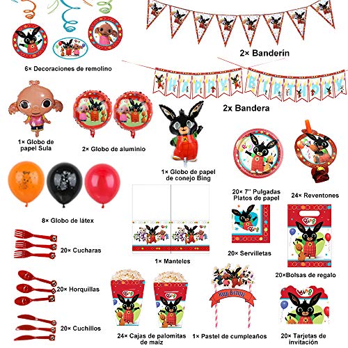 Bing Bunny Birthday Party Supplies for Kids, Party Decorations Included Balloons, Pennants,Cake Topper, Invitation Cards, Tablecloth,Tableware, Napkins, Gift Bags, Blowouts (200pcs)