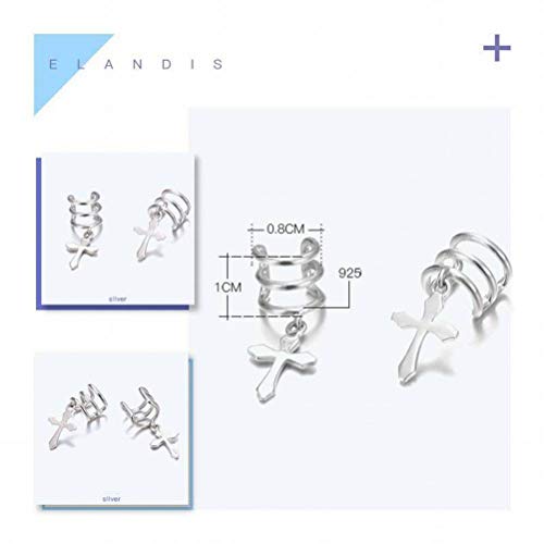 BinLZ Clip de Tremella 925 Personalidad Creativa Femenina sin Aretes Perforados Pendientes Cruz Punk, Plata