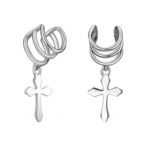 BinLZ Clip de Tremella 925 Personalidad Creativa Femenina sin Aretes Perforados Pendientes Cruz Punk, Plata