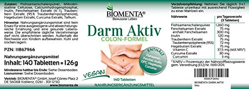 BIOMENTA Colón Intestinal Activo | Producto especial de semillas de pulgas cáscaras semillas de hinojo inulina opc extracto de semilla de uva extracto de rosa mosqueta curcuma | 140 Pastillas