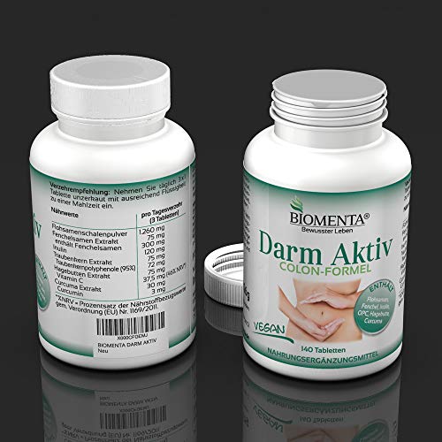 BIOMENTA Colón Intestinal Activo | Producto especial de semillas de pulgas cáscaras semillas de hinojo inulina opc extracto de semilla de uva extracto de rosa mosqueta curcuma | 140 Pastillas