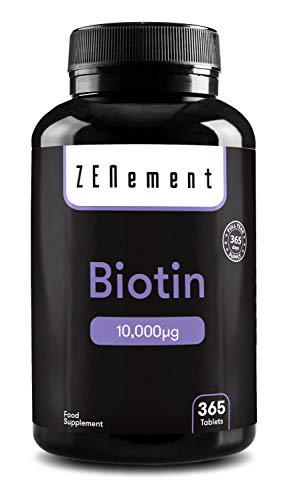 Biotina 10.000 µg, 365 Comprimidos | Para mejorar la salud del cabello, de la piel y de las uñas | Vegano, sin aditivos, sin gluten, No-GMO, GMP | de Zenement