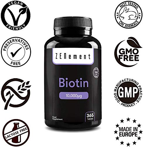 Biotina 10.000 µg, 365 Comprimidos | Para mejorar la salud del cabello, de la piel y de las uñas | Vegano, sin aditivos, sin gluten, No-GMO, GMP | de Zenement
