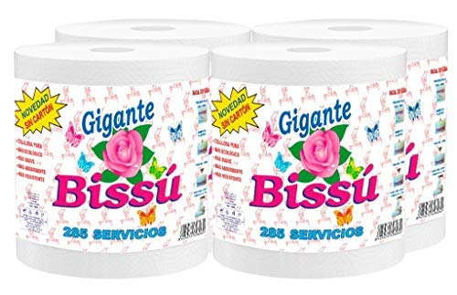 bissu - Papel Cocina Secamanos Absorbente Gigante - Formato Ahorro - Pack de 4 Rollos con 2 Capas - Tamaño Industrial - 285 Servicios