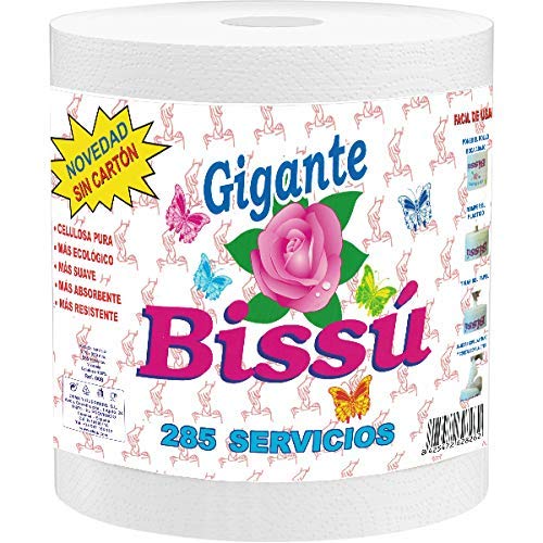 bissu - Papel Cocina Secamanos Absorbente Gigante - Formato Ahorro - Pack de 4 Rollos con 2 Capas - Tamaño Industrial - 285 Servicios
