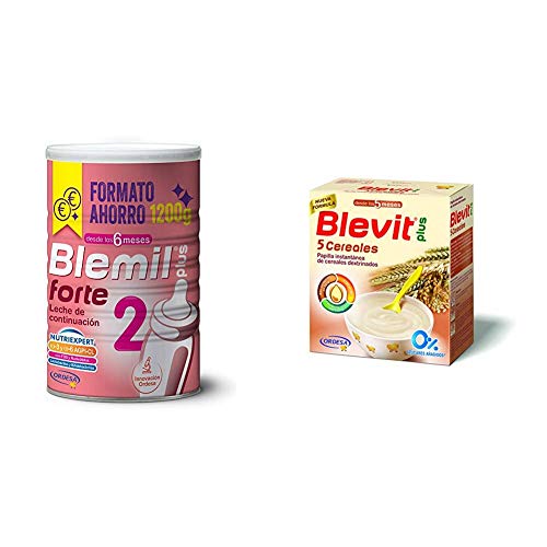 Blemil Plus Forte 2, Leche de continuación para bebé - Pack de 2 x 1200 g - Total: 2400 g + Blevit Plus 5 Cereales para bebé - Pack de 2 x 300 g -  Total: 600 g