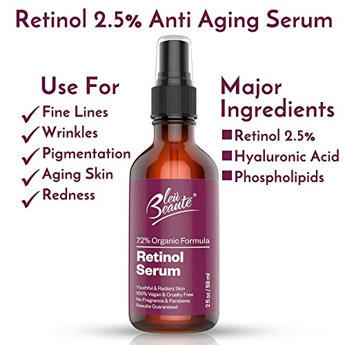 Bleu Beaute El suero retinol (2,5%) Por Bleu Beaut - Alta Potencia anti-envejecimiento y anti-arrugas suero hidratante - Para manchas y arrugas (2 Oz)