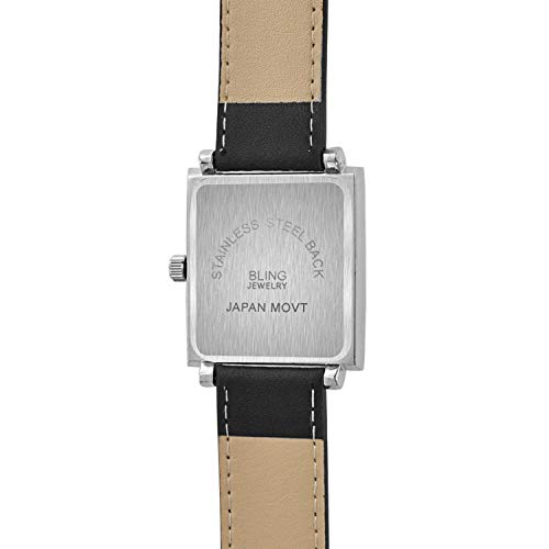 Bling Jewelry Fashion Cuadrado Marcado Estilo Cronógrafo con Fase Lunar Reloj Pulsera para Hombres Banda Cuero Negro Acero Tono Plata