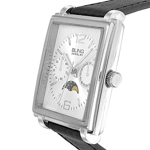 Bling Jewelry Fashion Cuadrado Marcado Estilo Cronógrafo con Fase Lunar Reloj Pulsera para Hombres Banda Cuero Negro Acero Tono Plata