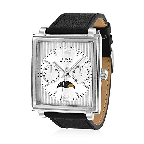 Bling Jewelry Fashion Cuadrado Marcado Estilo Cronógrafo con Fase Lunar Reloj Pulsera para Hombres Banda Cuero Negro Acero Tono Plata