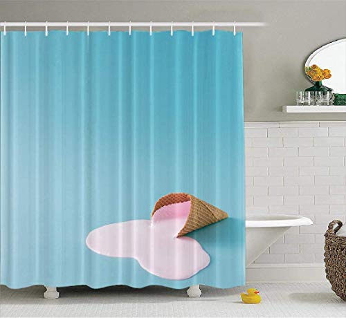 Blue Shower Curtain, Pink Ice Cream Pastel Blue Summer Food Minimal Fabric Bathroom Shower Curtain Polyester Fashion Beautiful Art Bath Curtain Waterproof Bathroom Decor 72x78 Inch,Cream 60X72 Inch