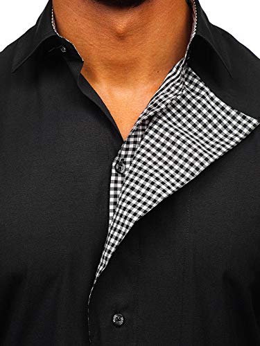 BOLF Hombre Camisa De Manga Larga Cuello Italiano Camisa de Algodón Slim fit Estilo Casual 5746-A Negro L [2B2]