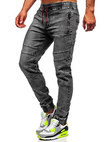 BOLF Hombre Pantalón Vaquero Jogger Denim Jeans Pantalón de Mezclilla Sombreado Vaqueros de Algodón Slim Fit Estilo Urbano Red Fireball HY684 Negro L [6F6]