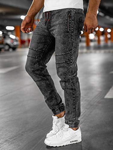 BOLF Hombre Pantalón Vaquero Jogger Denim Jeans Pantalón de Mezclilla Sombreado Vaqueros de Algodón Slim Fit Estilo Urbano Red Fireball HY684 Negro M [6F6]