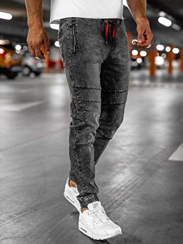 BOLF Hombre Pantalón Vaquero Jogger Denim Jeans Pantalón de Mezclilla Sombreado Vaqueros de Algodón Slim Fit Estilo Urbano Red Fireball HY684 Negro M [6F6]