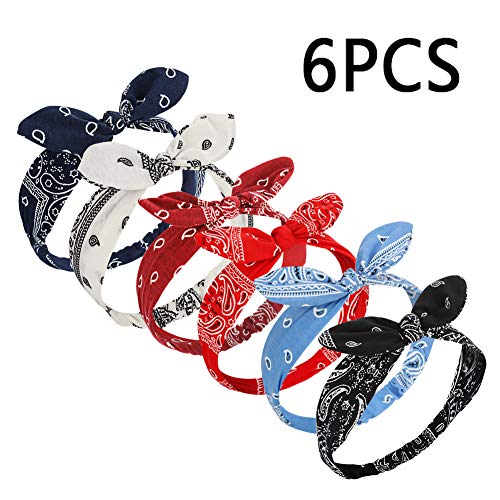 Bolonbi 6 unidades de diademas con nudo elástico, diadema de orejas de conejo, cinta para el pelo con estampado de cachemira, turbante, banda para el pelo para mujeres y niñas