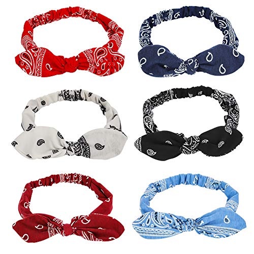 Bolonbi 6 unidades de diademas con nudo elástico, diadema de orejas de conejo, cinta para el pelo con estampado de cachemira, turbante, banda para el pelo para mujeres y niñas