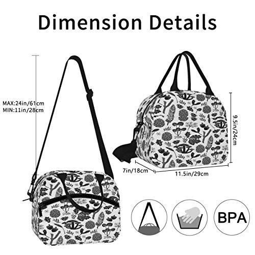 Bolsa de almuerzo, color negro y blanco Nature Botanicals Botanic Fall Kids Bolsa de picnic reutilizable para el almuerzo, con correa para el hombro, para el trabajo, la escuela, la playa