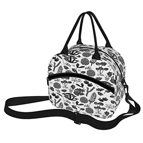 Bolsa de almuerzo, color negro y blanco Nature Botanicals Botanic Fall Kids Bolsa de picnic reutilizable para el almuerzo, con correa para el hombro, para el trabajo, la escuela, la playa