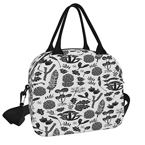 Bolsa de almuerzo, color negro y blanco Nature Botanicals Botanic Fall Kids Bolsa de picnic reutilizable para el almuerzo, con correa para el hombro, para el trabajo, la escuela, la playa