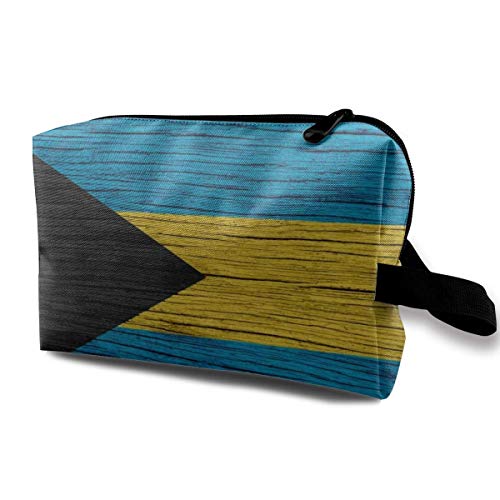 Bolsa de cosméticos con bandera de Bahamas con textura de madera, portátil, adorable y espaciosa, bolsas de maquillaje de viaje, organizador de paquetes de lápices