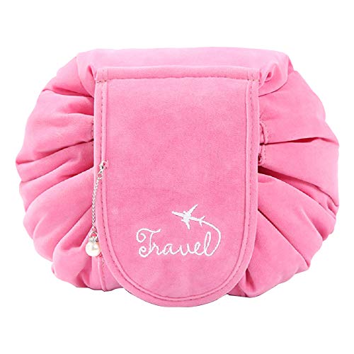 Bolsa de Cosméticos, ONEGenug Bolsas de Aseo Bolsa de Maquillaje, Organizador de un Solo Paso con Diseño de Cordón, Bolsa de Cosméticos para Señoras Perezosas (Rosa)