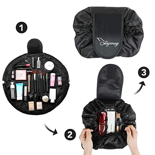 Bolsa de Cosméticos,ONEGenug Bolsa de Maquillaje, Organizador de un Solo Paso con Diseño de Cordón, Bolsa de Cosméticos para Señoras Perezosas (Negro)