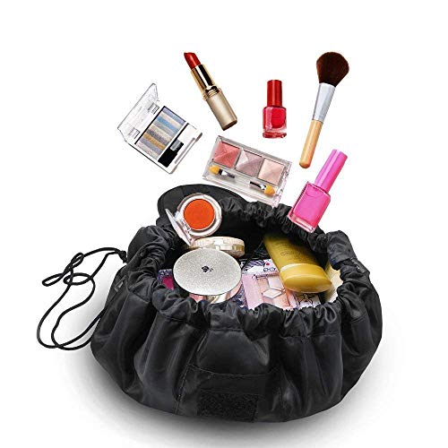 Bolsa de Cosméticos,ONEGenug Bolsa de Maquillaje, Organizador de un Solo Paso con Diseño de Cordón, Bolsa de Cosméticos para Señoras Perezosas (Negro)