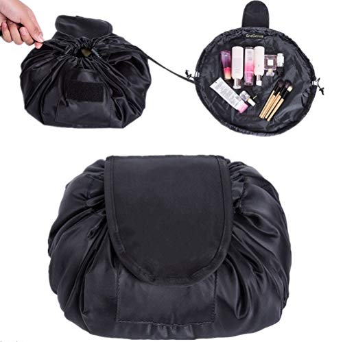 Bolsa de Cosméticos,ONEGenug Bolsa de Maquillaje, Organizador de un Solo Paso con Diseño de Cordón, Bolsa de Cosméticos para Señoras Perezosas (Negro)