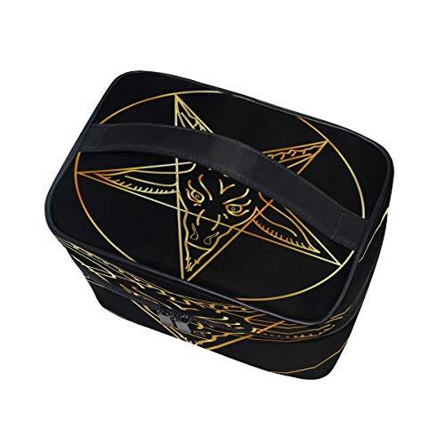 Bolsa de maquillaje Baphomet Demon Goat Head Tattoo Art Golden Golden Cosmetic Bag Travel Toiletry Bag Cosmetic Train Case Estuche de maquillaje Maquillaje Organizador Caja de almacenamiento