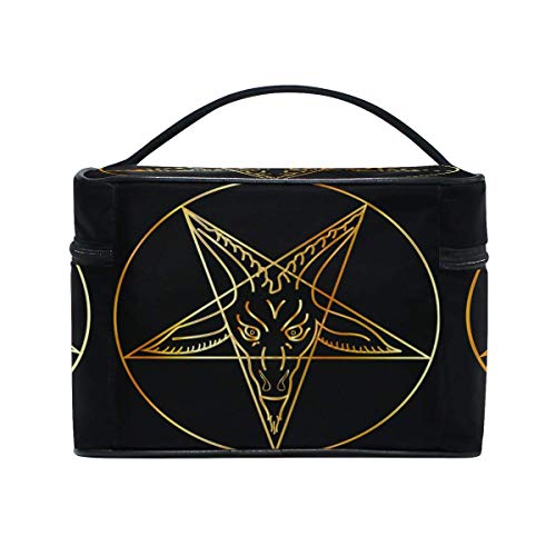 Bolsa de maquillaje Baphomet Demon Goat Head Tattoo Art Golden Golden Cosmetic Bag Travel Toiletry Bag Cosmetic Train Case Estuche de maquillaje Maquillaje Organizador Caja de almacenamiento